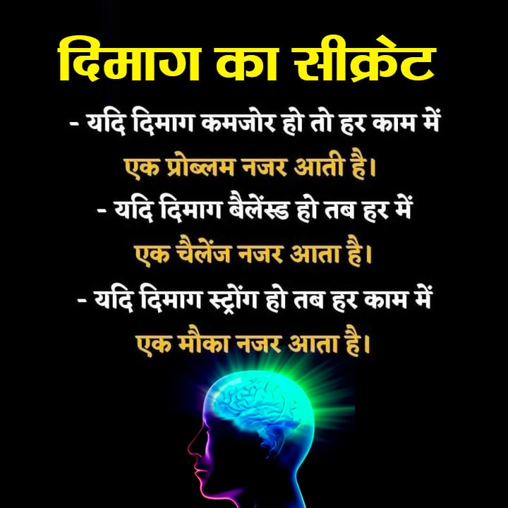 दिमाग का सीक्रेट - secret of mind यदि दिमाग कमजोर हो तो हर काम में एक प्रॉब्लम नजर आती है। अगर दिमाग बैलेंस्ड है तो हर काम में एक चलेंगे नजर आता है। यदि दिमाग स्ट्रांग हो तो हर काम में एक अवसर नजर आता है।